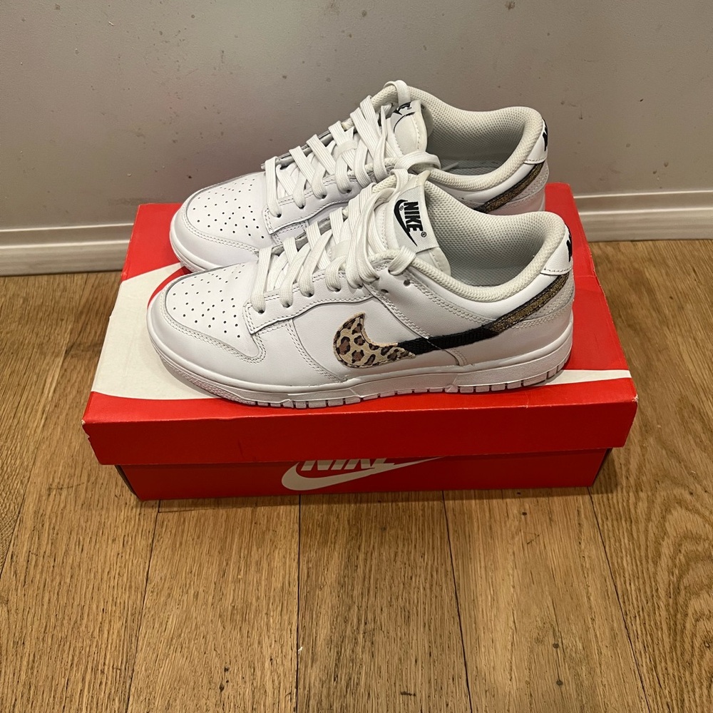 Women’s Nike Dunk Low - White Sneakers with Leopard Print Swoosh - Picture 2 of 4